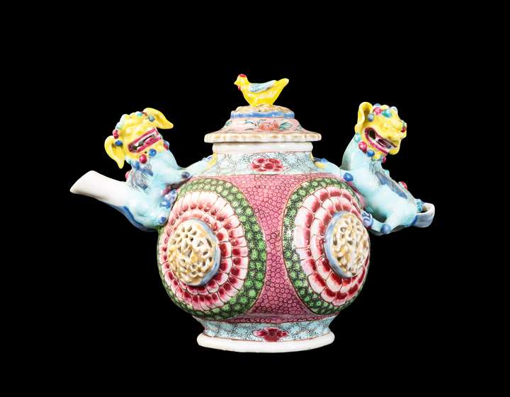 GG: Chinese export porcelain famille rose teapot and cover with buddhist lion handles